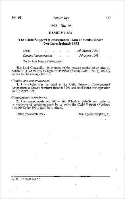 The Child Support (Consequential Amendment) Order (Northern Ireland) 1993