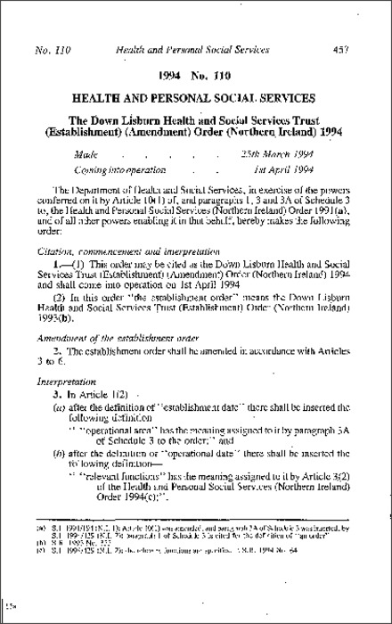The Down Lisburn Health and Social Services Trust (Establishment) (Amendment) Order (Northern Ireland) 1994
