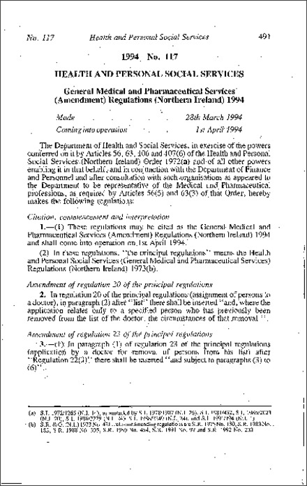 The General Medical and Pharmaceutical Services (Amendment) Regulations (Northern Ireland) 1994