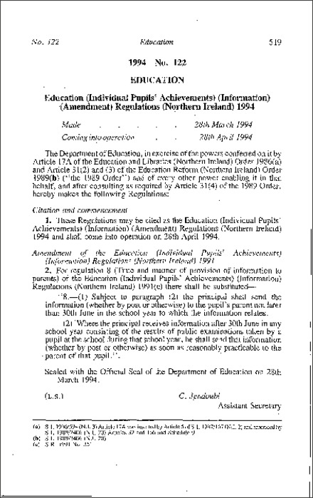 The Education (Individual Pupils' Achievements) (Information) (Amendment) Regulations (Northern Ireland) 1994