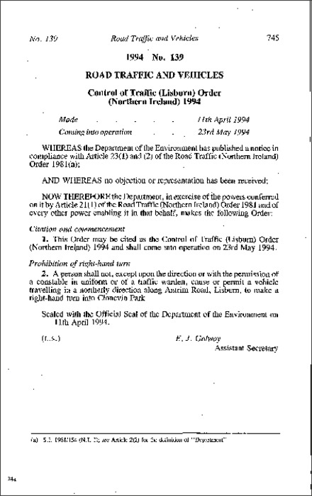 The Control of Traffic (Lisburn) Order (Northern Ireland) 1994