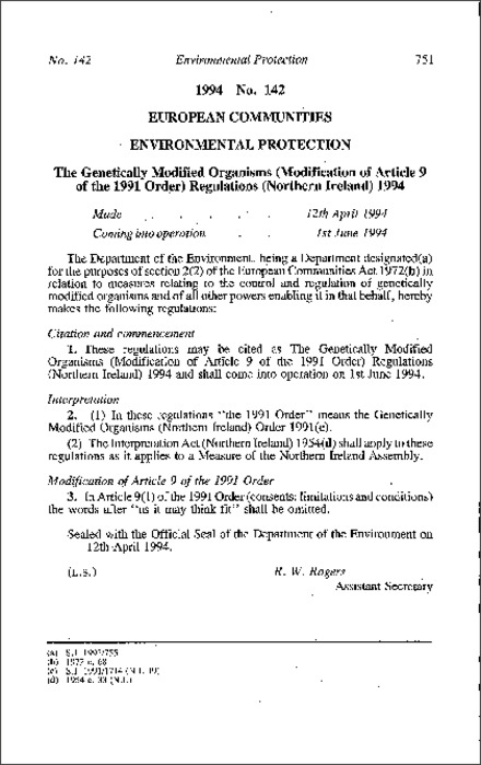The Genetically Modified Organisms (Modification of Article 9 of the 1991 Order) Regulations (Northern Ireland) 1994