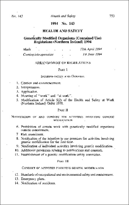The Genetically Modified Organisms (Contained Use) Regulations (Northern Ireland) 1994