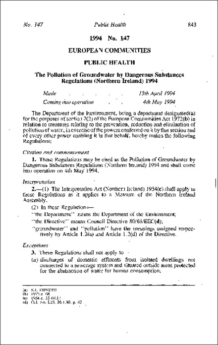 The Pollution of Groundwater by Dangerous Substances Regulations (Northern Ireland) 1994