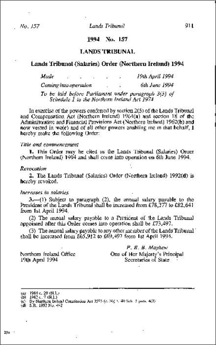 The Lands Tribunal (Salaries) Order (Northern Ireland) 1994