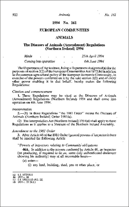 The Diseases of Animals (Amendment) Regulations (Northern Ireland) 1994
