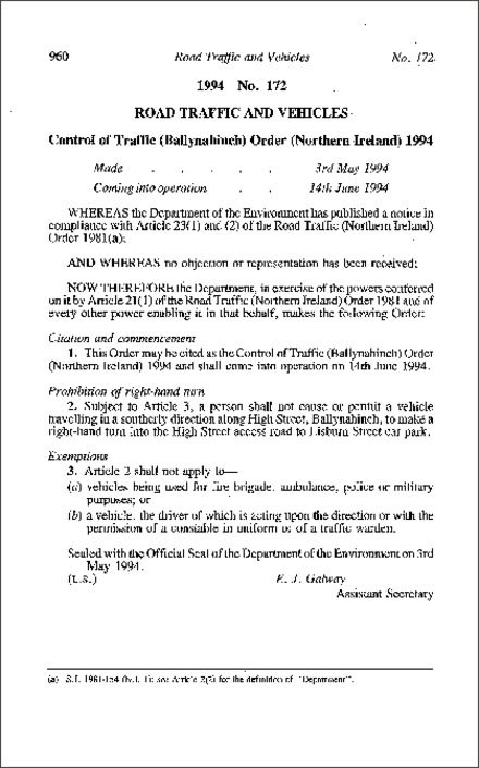 The Control of Traffic (Ballynahinch) Order (Northern Ireland) 1994