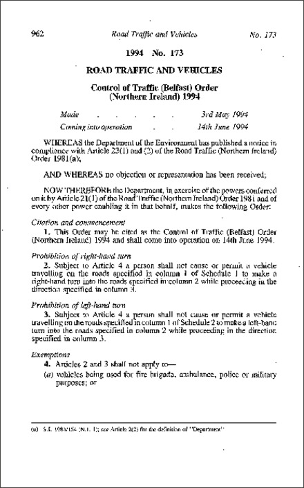 The Control of Traffic (Belfast) Order (Northern Ireland) 1994