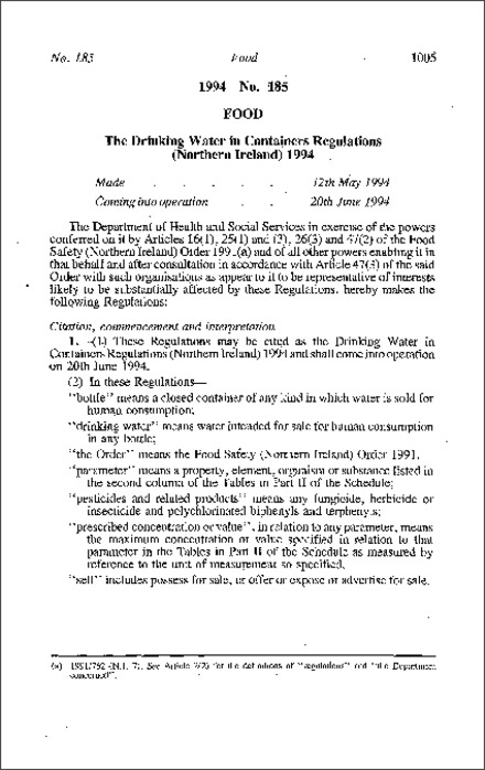 The Drinking Water in Containers Regulations (Northern Ireland) 1994