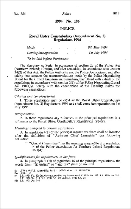 The Royal Ulster Constabulary (Amendment No. 2) Regulations (Northern Ireland) 1994