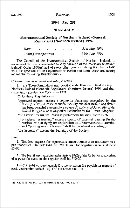 The Pharmaceutical Society of Northern Ireland (General) Regulations (Northern Ireland) 1994