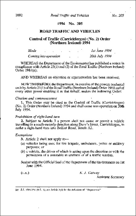 The Control of Traffic (Carrickfergus) (No. 2) Order (Northern Ireland) 1994