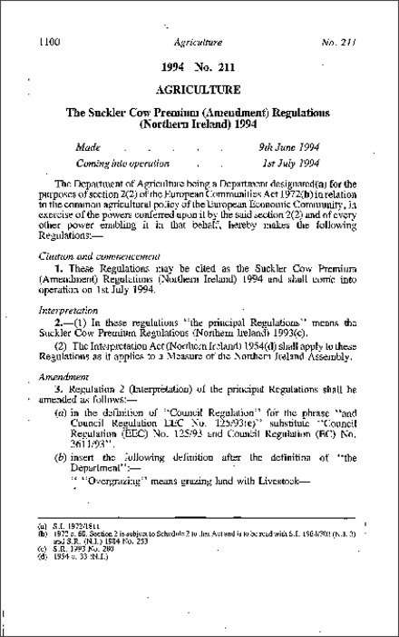 The Suckler Cows Premium (Amendment) Regulations (Northern Ireland) 1994