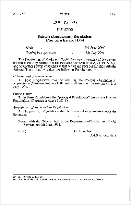The Poisons (Amendment) Regulations (Northern Ireland) 1994