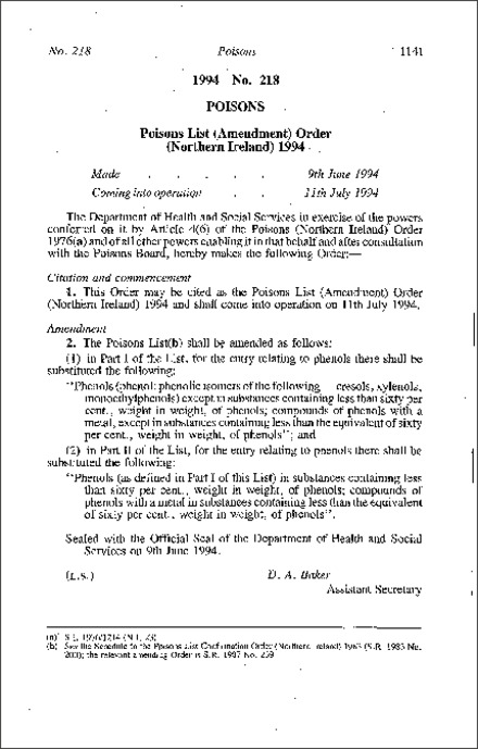 The Poisons List (Amendment) Order (Northern Ireland) 1994