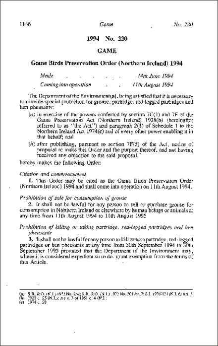 The Game Birds Preservation Order (Northern Ireland) 1994