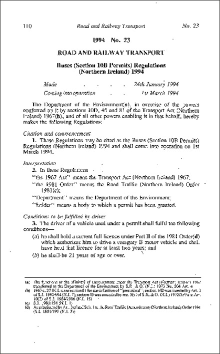 The Buses (Section 10B Permits) Regulations (Northern Ireland) 1994