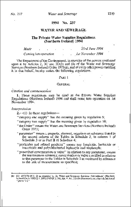 The Private Water Supplies Regulations (Northern Ireland) 1994