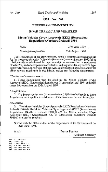 The Motor Vehicles (Type Approval) (EEC) (Revocation) Regulations (Northern Ireland) 1994
