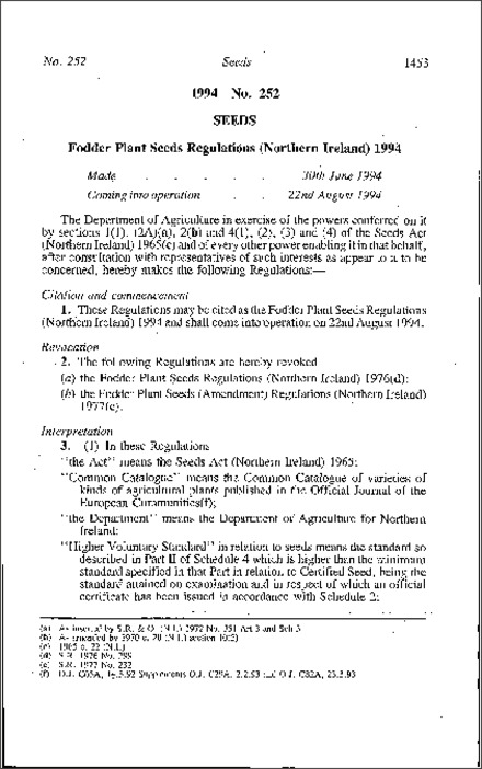 The Fodder Plant Seeds Regulations (Northern Ireland) 1994