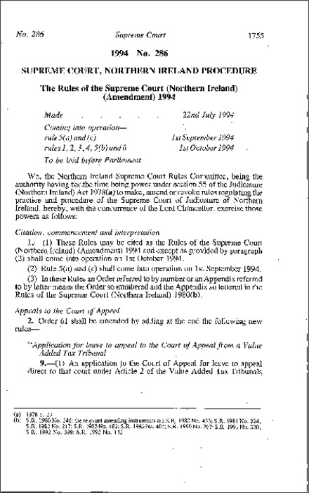 The Rules of the Supreme Court (Northern Ireland) (Amendment) (Northern Ireland) 1994