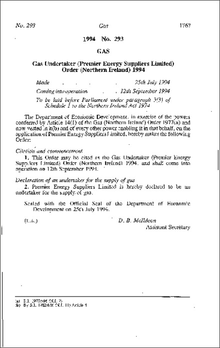 The Gas Undertaker (Premier Energy Suppliers Limited) Order (Northern Ireland) 1994