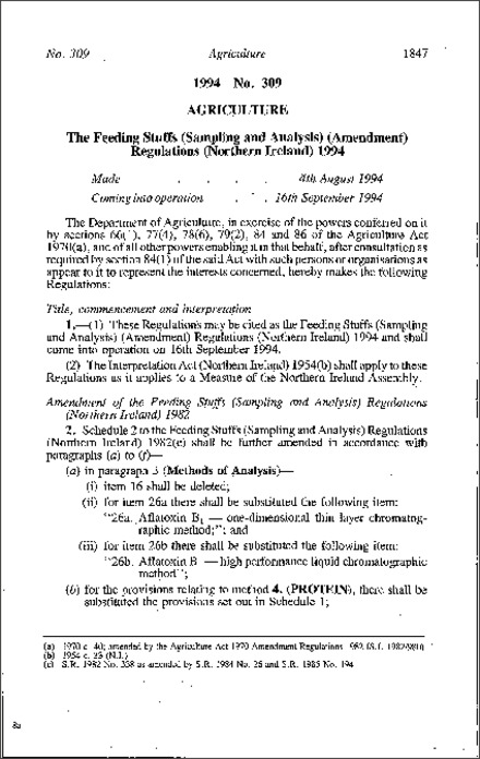 The Feeding Stuffs (Sampling and Analysis) (Amendment) Regulations (Northern Ireland) 1994