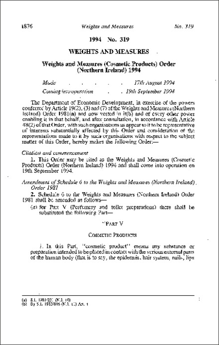 The Weights and Measures (Cosmetic Products) Order (Northern Ireland) 1994