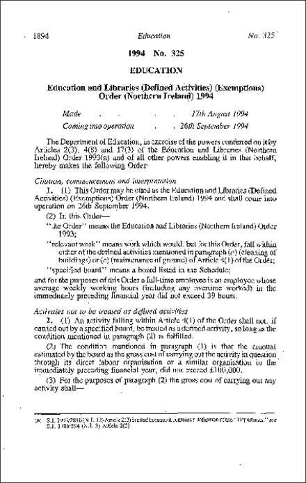 The Education and Libraries (Defined Activities) (Exemptions) Order (Northern Ireland) 1994