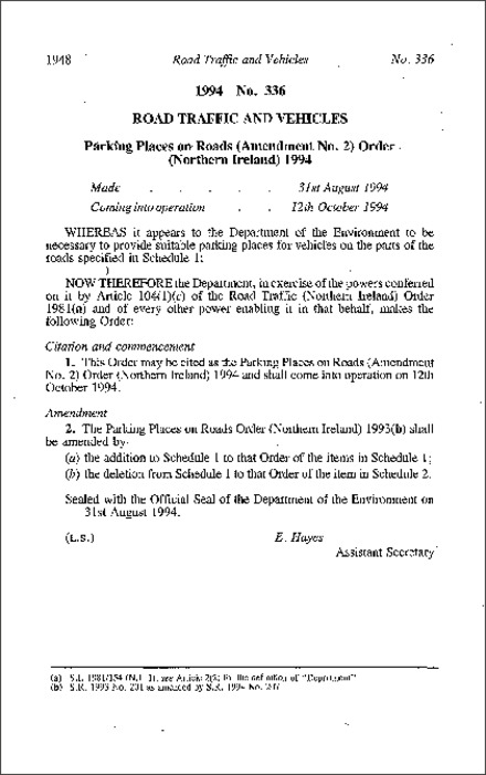 The Parking Places on Roads (Amendment No. 2) Order (Northern Ireland) 1994