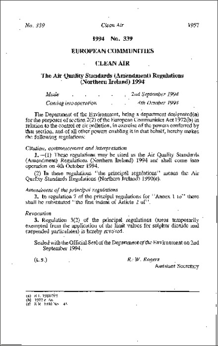 The Air Quality Standards (Amendment) Regulations (Northern Ireland) 1994