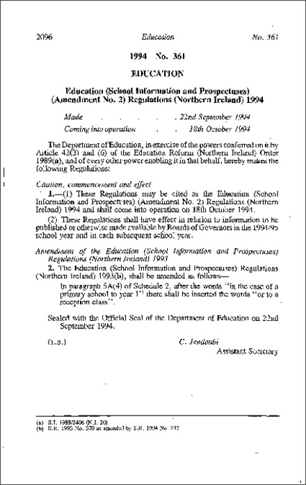 The Education (School Information and Prospectuses) (Amendment No. 2) Regulations (Northern Ireland) 1994