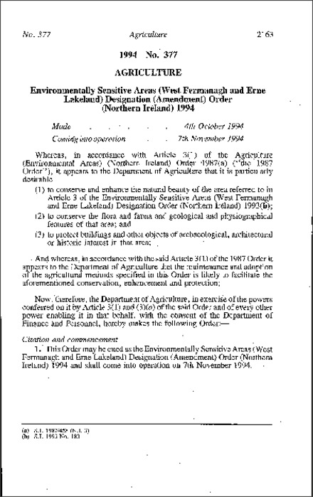 The Environmentally Sensitive Areas (West Fermanagh and Erne Lakeland) Designation (Amendment) Order (Northern Ireland) 1994