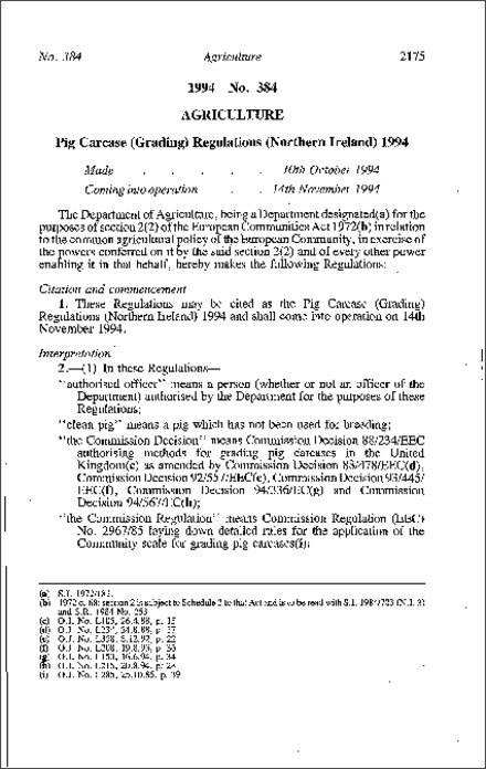 The Pig Carcase (Grading) Regulations (Northern Ireland) 1994