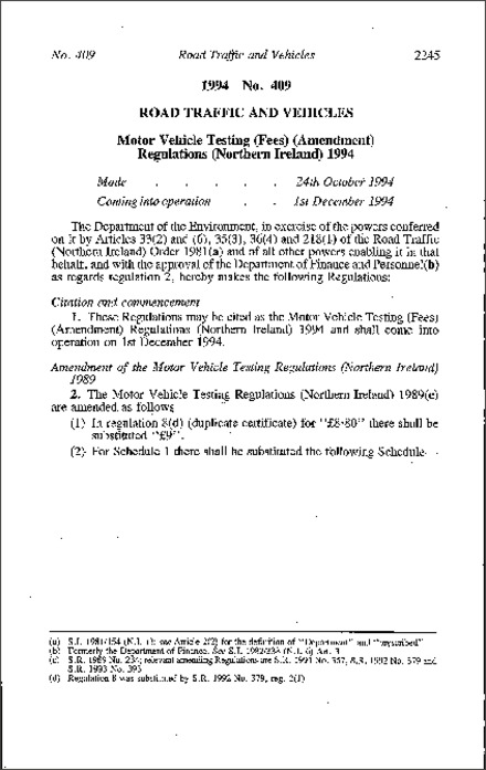 The Motor Vehicle Testing (Fees) (Amendment) Regulations (Northern Ireland) 1994