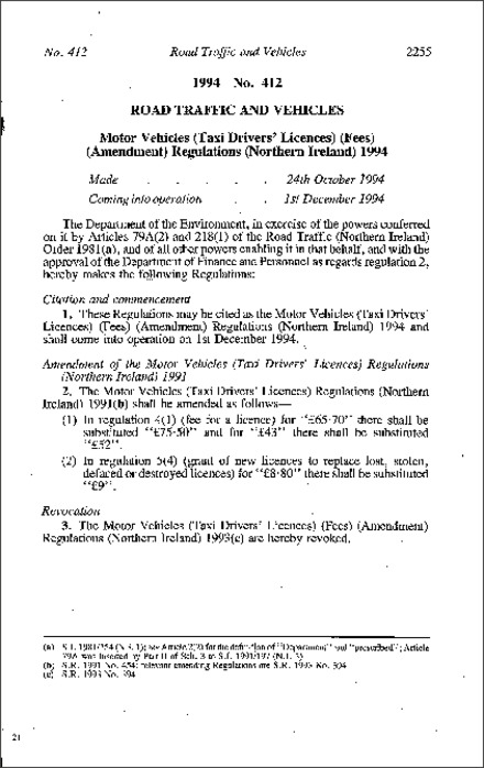 The Motor Vehicles (Taxi Drivers' Licences) (Fees) (Amendment) Regulations (Northern Ireland) 1994