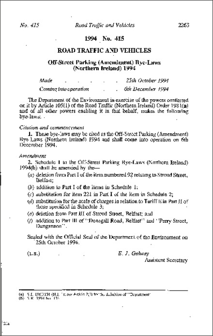 The Off-Street Parking (Amendment) Bye-Laws (Northern Ireland) 1994