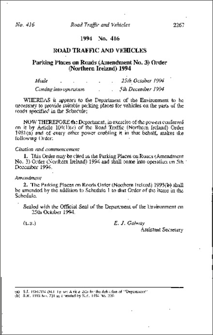 The Parking Places on Roads (Amendment No. 3) Order (Northern Ireland) 1994