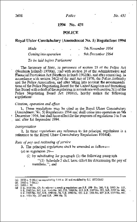 The Royal Ulster Constabulary (Amendment No. 5) Regulations (Northern Ireland) 1994