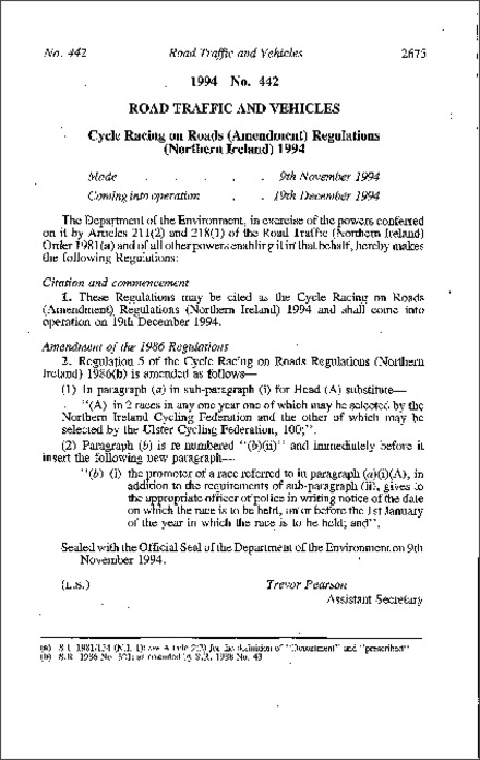 The Cycle Racing on Roads (Amendment) Regulations (Northern Ireland) 1994