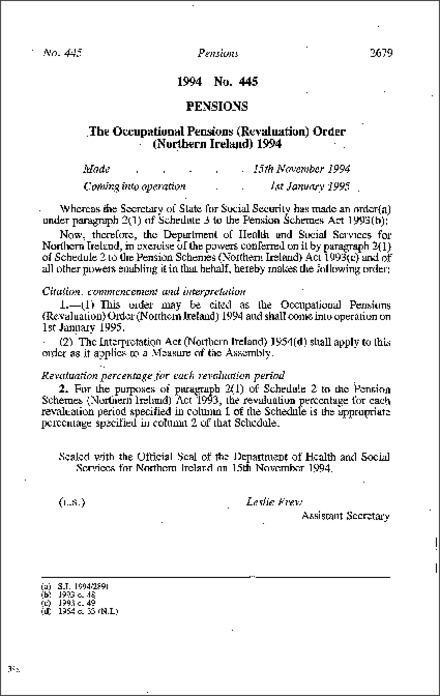 The Occupational Pensions (Revaluation) Order (Northern Ireland) 1994