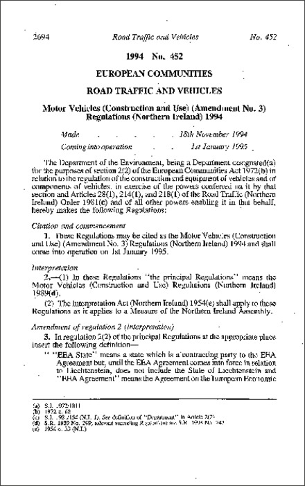 The Motor Vehicles (Construction and Use) (Amendment No. 3) Regulations (Northern Ireland) 1994