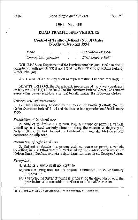The Control of Traffic (Belfast) (No. 3) Order (Northern Ireland) 1994