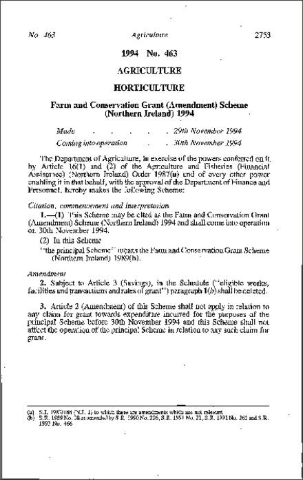 The Farm and Conservation Grant (Amendment) Scheme (Northern Ireland) 1994