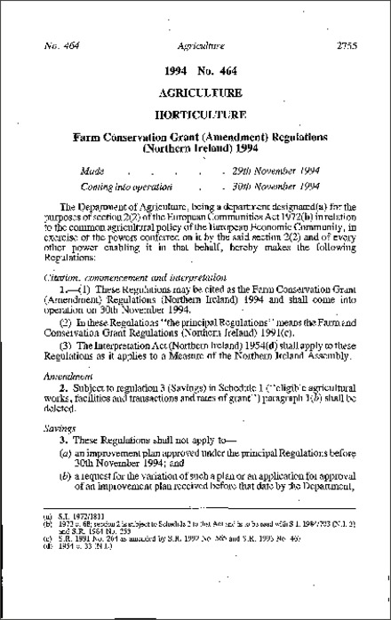 The Farm and Conservation Grant (Amendment) Regulations (Northern Ireland) 1994