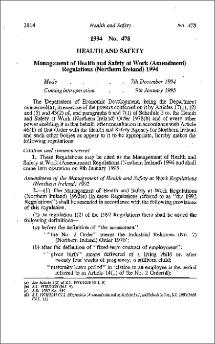 The Management of Health and Safety at Work (Amendment) Regulations (Northern Ireland) 1994