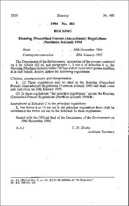 The Housing (Prescribed Forms) (Amendment) Regulations (Northern Ireland) 1994