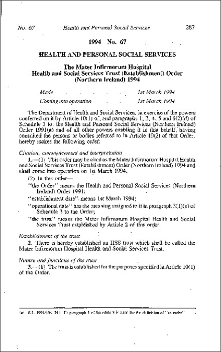 The Mater Infirmorum Hospital Health and Social Services Trust (Establishment) Order (Northern Ireland) 1994