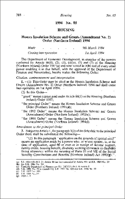 The Homes Insulation Scheme and Grants (Amendment No. 2) Order (Northern Ireland) 1994