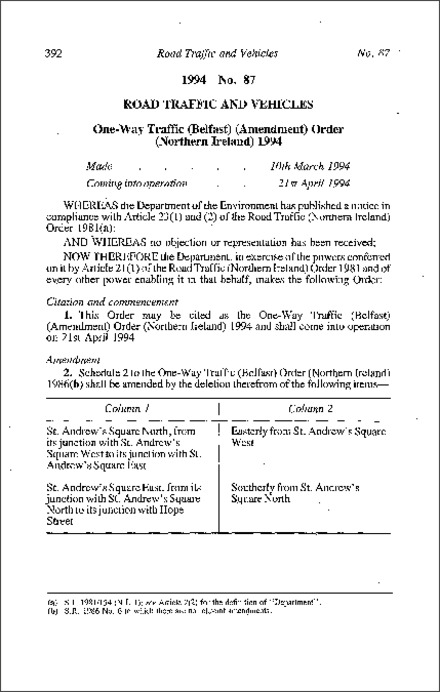 The One-Way Traffic (Belfast) (Amendment) Order (Northern Ireland) 1994